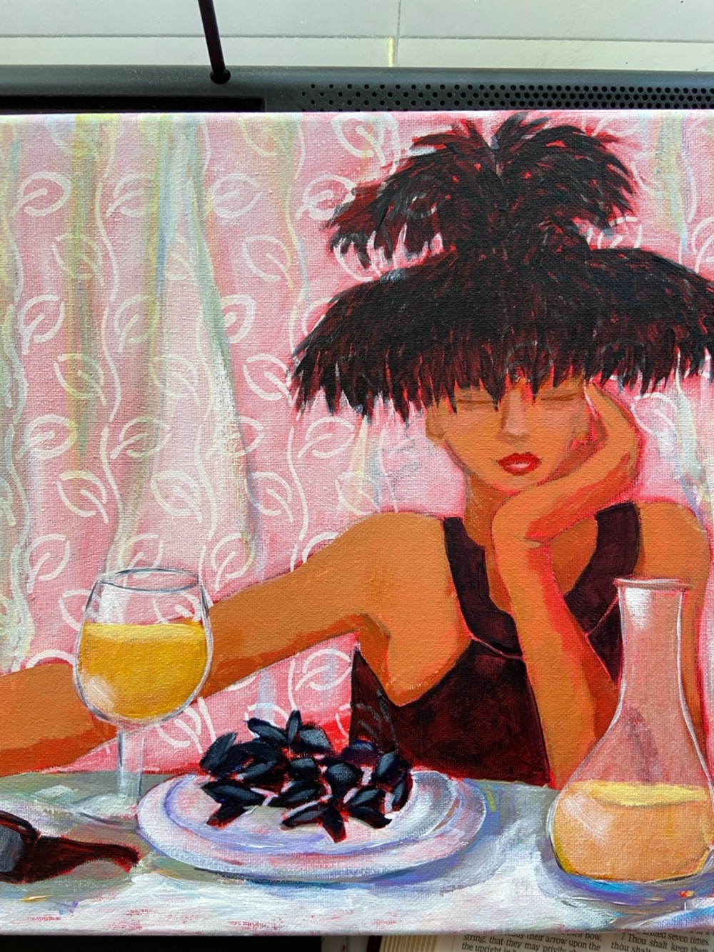 Original Figurative Painting of Woman with Black Feathered Hat with Wine